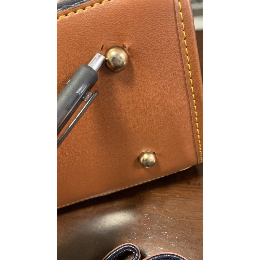 Dooney & Bourke Pebble Grain Navy Tan Leather Hand Shoulder Bag Brass Hardware - Picture 10 of 11